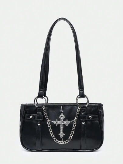 ROMWE Women's Vintage Gothic Cross Chain Detail Shoulder Bag With Cross Decoration,Fashionable Niche Design, Steampunk, Goth Bag For Women, Cool Street Wear, Perfect For Music Festival, Concert, Rock Style Bag For Women, School, 2000s Fashion Style Bag For Women, Halloween, Halloween Purse Perfect For Fancy Party Halloween Fashion & Gothic Fashion, Best Halloween Gifts For Women