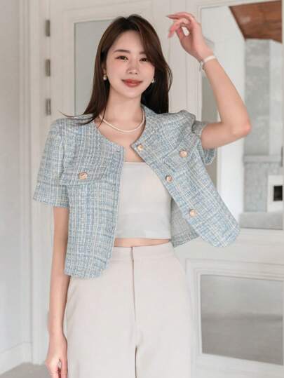 DAZY Plaid Pattern, Round Neck, Metal Button, Loose Fit, Short Jacket Summer