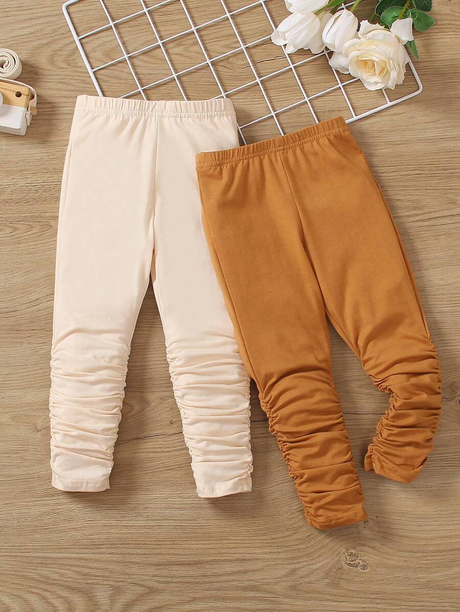 SHEIN Solid Color Pleated Pants For Young Girls