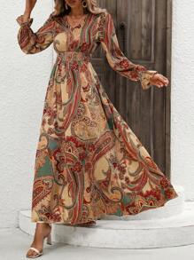 Breezaya 女式波西米亚风印花长袖V领连衣裙 - 彩色 - 查看 6