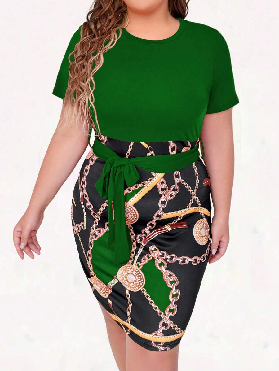 SHEIN Clasi Plus Size Slim Fit Chain Print Colorblock Patchwork Dress - Multicolor - View 1
