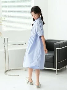 SHEIN 補間女孩寬鬆休閒翻領不對稱下擺泡泡袖中長連身裙 - 霧霾藍 - 查看 3