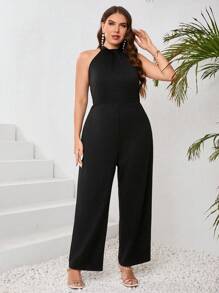 SHEIN Privé 加大尺碼緊身連體褲,露背領口,直筒褲型,適合上班穿著 - 黑色 - 查看 5