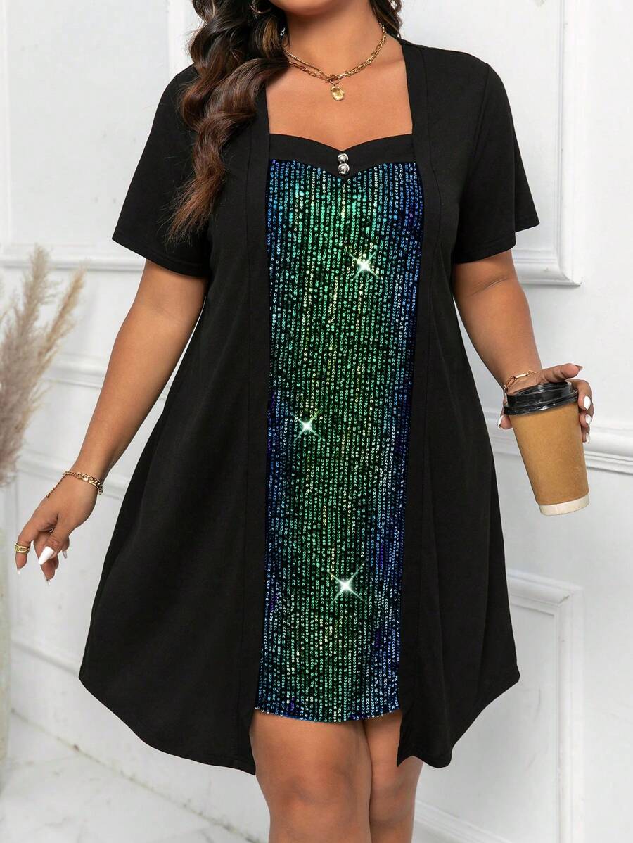 EMERY ROSE Plus Size Sweetheart Neck Mushroom Button Decor Soft Knit Mesh Glitter Sequins Asymmetrical Hem Casual Pullover Dress For Work And Outdoor, For Summer - Multicolor - View 1