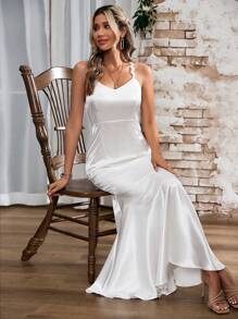 SHEIN Belle Solid Color V-Neck Fish Tail Hem Cami Dress