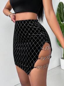 SHEIN Privé Của phụ nữ Pha lê Kẻ sọc Bên Khe Váy midi - màu đen - Xem 2