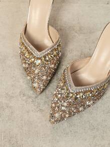 Giày cao gót nữ, giày sandal mũi nhọn đính pha lê, thiết kế mới cho tiệc tùng và mặc ngoài trời linh hoạt, phong cách tươi mới - Màu be - Xem 6