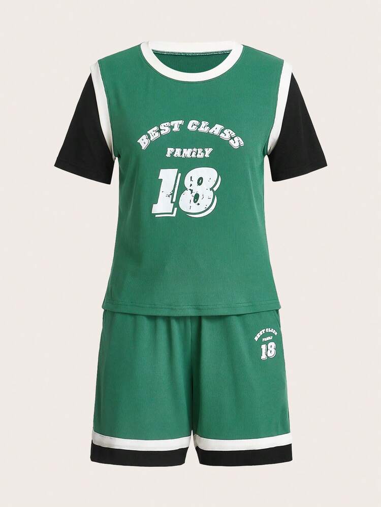 Colorblocked Splicing With Letter And Number Print Sportswear Set