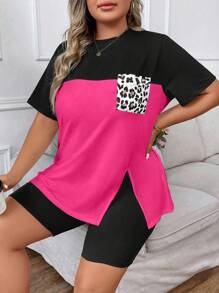 SHEIN LUNE 大尺碼夏季休閒豹紋拼接短袖上衣，附口袋細節和短褲 - 玫紅色 - 查看 8
