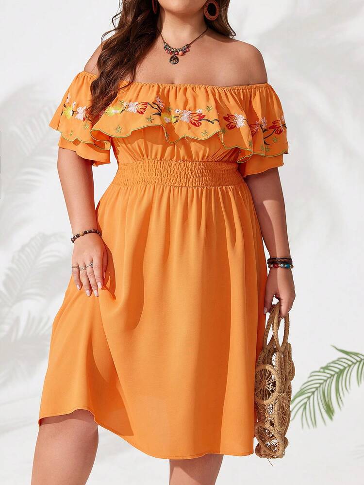 Plus Size Embroidered Off Shoulder Waist Cinched Dress