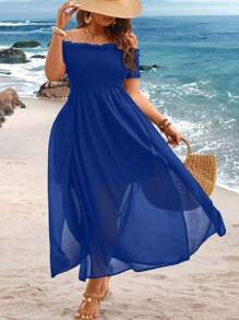SHEIN Clasi Plus Size Off Shoulder Slit 2 In 1 Dress Maxi Women Outfit - Royal Blue - View 7