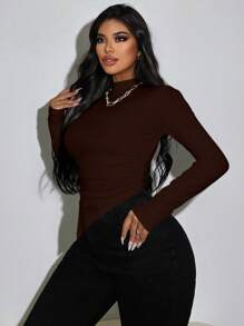 Zolique Solid Color Stand Collar Asymmetrical Hem Long Sleeve T-Shirt