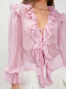 Enchnt Women's Patchwork Ruffle Hem Flare Sleeve Shirt