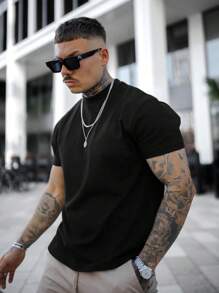 Men's Solid Color Casual Crew Neck Short Sleeve Loose T-Shirt - Black - View 1
