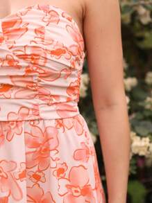 GENKIRA Colorblock Floral Printed Bustier Pleated Waist Dress For Women - Multicolor - View 5