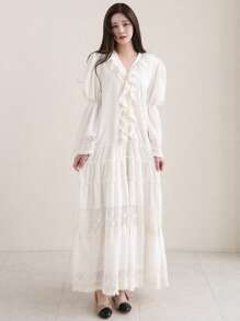 Dazy X KIMYOUJUNG 荷叶边装饰 V 领长袖连衣裙、荷叶边、秋季连衣裙