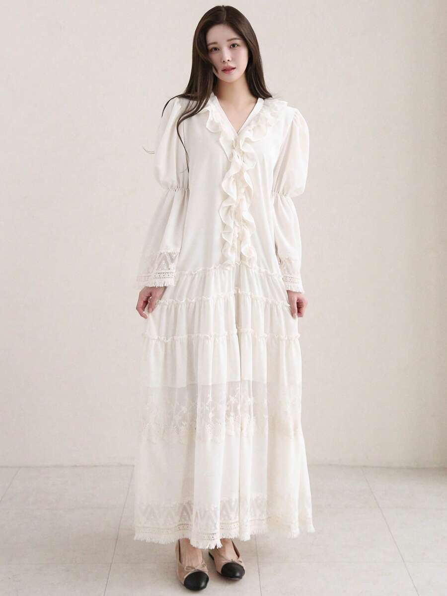Dazy X KIMYOUJUNG 荷叶边装饰 V 领长袖连衣裙、荷叶边、秋季连衣裙