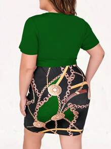 SHEIN Clasi Plus Size Slim Fit Chain Print Colorblock Patchwork Dress - Multicolor - View 2