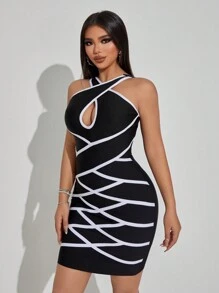 SHEIN SXY Casual Sexy Date Black Bandage White Structure Trim Strip Skinny Mini Dress - Black - View 10