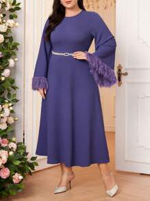 Modelyn Große Größen Abendkleid mit einfarbigem, rundem Ausschnitt, Langarm und Meerjungfrau-Schnitt - Violett - Übersicht 6