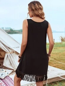 SHEIN VCAY 女士純色流蘇邊無袖連衣裙 - 黑色 - 查看 2