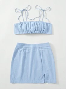 Soleia Women's Solid Color Cropped Pleated Camisole Top And Skirt Set - Baby Blue - View 3