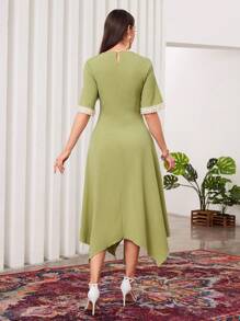Modelyn Women's Solid Color Plain & Simple Pearl Decorated Cuff Long Dress - Green - View 2