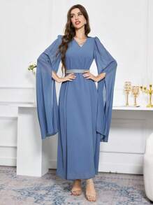 Modelyn Solid Color Cape Sleeve Empire Waist Dress, Elegant Evening Party Maxi Modest Long Sleeve Dress - Blue - View 6
