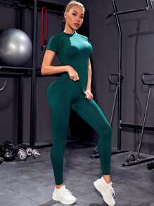Easithlete Seamless Raglan Sleeve Sports Set Workout Set Workout Women Set Women Leggings Set - Dark Green - View 4