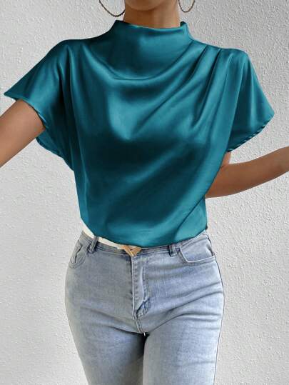 Zielony Solid Color Round Neck Batwing Sleeve Casual Shirt,Short Sleeve Tops
