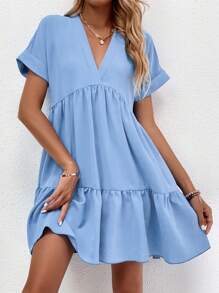 SHEIN LUNE Của phụ nữ Màu thuần Đường viền cổ chữ V Ngắn tay Đầm Với Xù Hoa Sen - Màu xanh nhạt - Xem 3