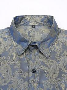 男士长袖佩斯利提花纽扣休闲衬衫