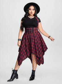 ROMWE Grunge Punk Plus Size Women's Plaid Crisscross Tie Asymmetrical Hem Overall Dress, School Fall - Red - View 4