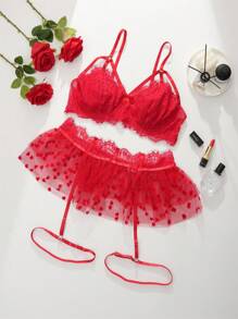 Spicy Aura Plus 3pack Bow Front Mesh Underwire Lingerie Set With 1pair Leg Ring - Red - View 7