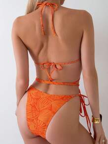 SHEIN Swim 两件套露背比基尼套装，随机印花，细带比基尼套装泳装泳衣沙滩装夏季度假夏日海滩 - 橘色 - 查看 2