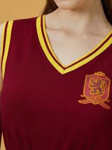 HARRY POTTER X SHEIN 格雷芬多系列學院紋理休閒風酒紅色夏日Ｖ領連身褲 - 紅色 - 查看 4