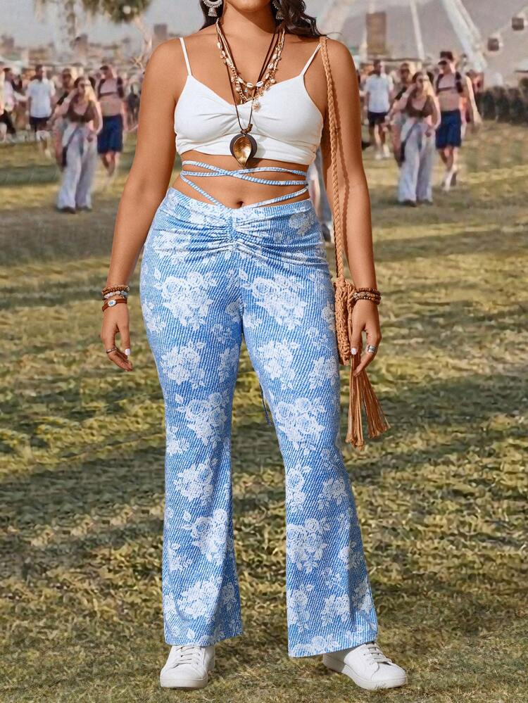 Plus Size Women's Vacation High Waist Belted Flared Pants With Elastic Band