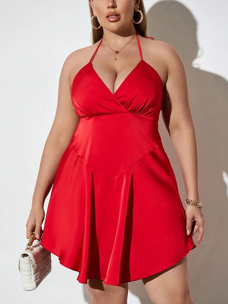 Plus Size Red Exquisite And Elegant Backless Strap Cinching Waist A-Line Halter Neck Dress, Perfect For Dating Or Music Festival