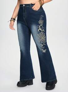 ROMWE Fairycore Quần Jeans Ống Loe Bó Sát Thêu Bướm Và Đá Rhinestone Y2k Cỡ Lớn Cho Nữ - Màu xanh lam - Xem 1