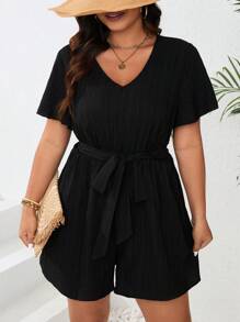 SHEIN Clasi Mono Con Cinturón De Cintura Con Cuello En V En Color Sólido, Talla Grande - Negro - Ver 4