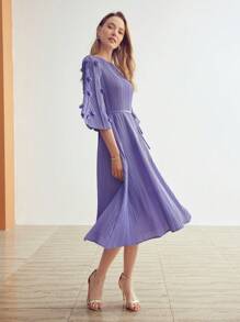 MOTF PREMIUM FASHIONABLE AND ELEGANT MID-LENGTH PLEATED DRESS WITH THREE QUARTER SLEEVES AND BELT - Purple - View 5