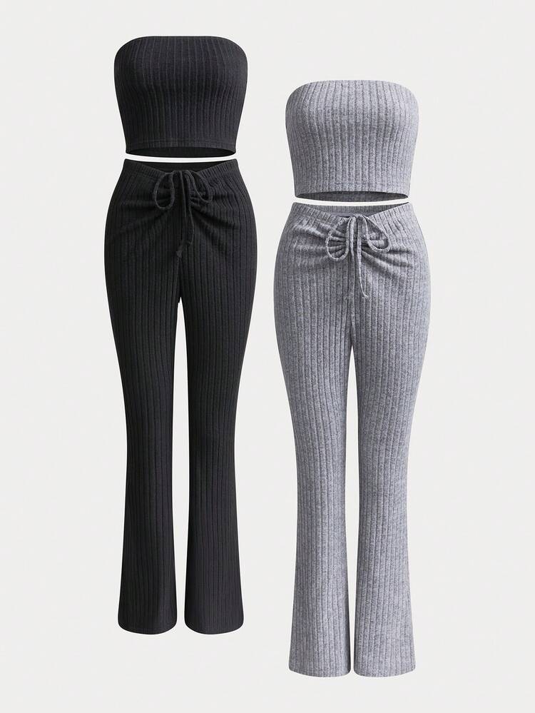 Women's Solid Color Ribbed Strapless Top And Flared Pants Two-Piece Set