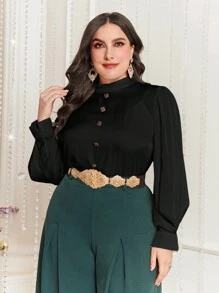 Modelyn Plus Size Solid Color Stand Collar Lantern Sleeve Shirt - Black - View 1