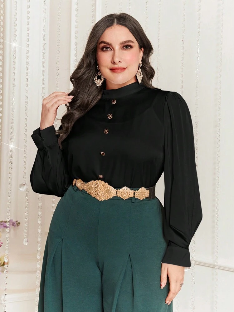 Plus Size Solid Color Stand Collar Lantern Sleeve Shirt