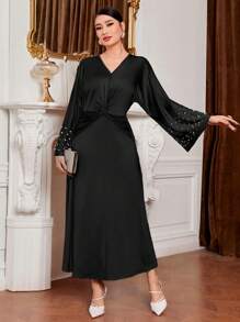 Al Najma Ladies' Solid Color Simple Design Pearl Decorated Arabic Style Dress - Black - View 1