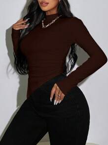 Zolique Solid Color Stand Collar Asymmetrical Hem Long Sleeve T-Shirt