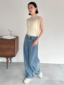 FRIFUL Women's Plain Mesh Stand Collar Tank Top - Beige - View 2