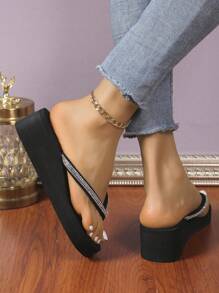 Của phụ nữ Đúng mốt Đồ trang trí Rhinestone Nhựa Bọt Nêm Dép tông , Mùa xuân/Mùa hè Hàng mới đến , Đen Màu sắc - màu đen - Xem 5