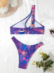 SHEIN Swim Women's One-Shoulder Cut-Out Sleeveless Bikini Set With Marble Print Summer Beach - Multicolor - View 4