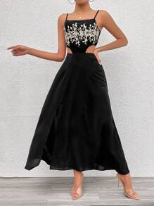 Chiquease Floral Embroidery Hollow Out Split Backless Cami Dress
